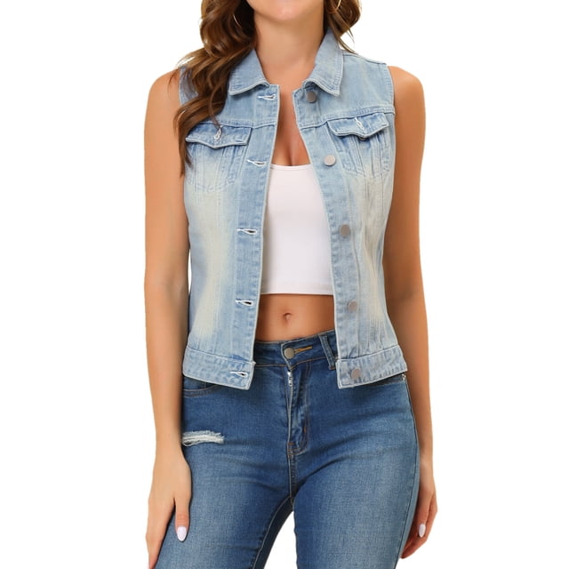 INSPIRE CHIC Women's Washed Denim Button Sleeveless Vest Jacket with Pockets in size M and sky blue color. This sleeveless vest features a turn-down collar, single-breasted button closure, and double flap chest pockets. Made from a breathable 80% cotton and 20% polyester blend, it offers a regular fit and short length, ideal for layering over tees or tanks. Styled for casual or streetwear looks, it pairs well with jeans, shorts, or dresses. Suitable for spring, summer, and fall outings.