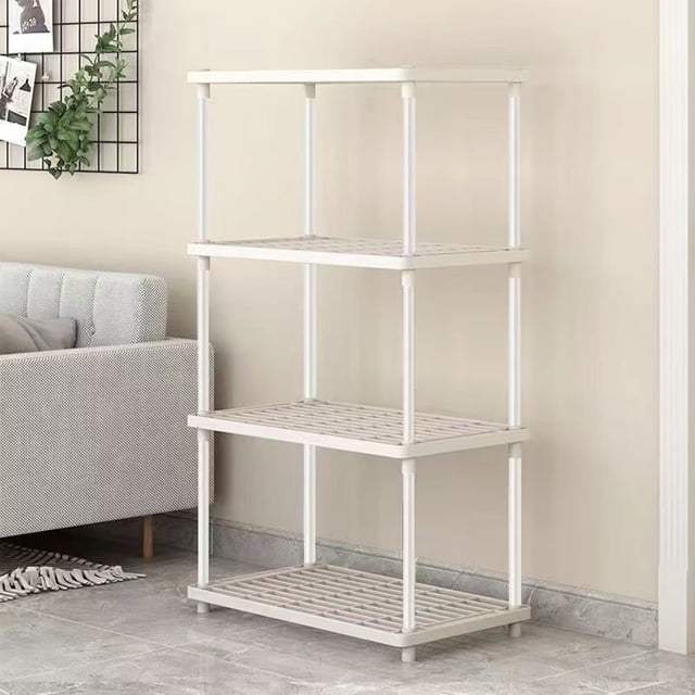 TIMIFIS Plastics Storage Rack, a ventilated light-duty shelving unit with four tiers, ideal for dorm room essentials, garage storage, and closet shelving. Made of durable white plastic, it measures 55x25x83cm and features a freestanding design suitable for kitchens, basements, or bathrooms. The rack is shown assembled in a modern room setting with a tiled floor and neutral walls.