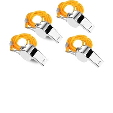 Lot de 4 Sifflets d'Arbitre en Métal avec Sangle de Cou, Construction Durable en Acier Inoxydable pour Entraîneurs, Signalisation d'Urgence, Compétitions Sportives et Usage Extérieur