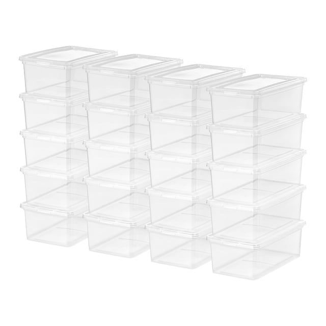 IRIS 4 L (5 qt) Plastic Storage Bin Tote with Latching Lid, Stackable and Nestable, Clear, 20 Pack. The image shows a set of twenty clear plastic storage bins with snap-tight lids, arranged in a stacked formation. Each bin has a 5-quart capacity and dimensions of 12.88 inches long, 7.50 inches wide, and 4.50 inches high. The ultra-clear design allows visibility of contents, making them ideal for organizing shoes, small accessories, or other household items. Made in the USA.