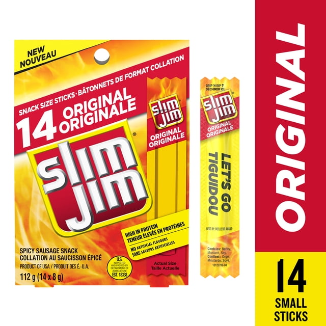 Slim Jim Original spicy sausage snack size meat sticks multipack with 14 small individually wrapped sticks in yellow and red packaging, high in protein and free from artificial flavours, perfect for convenient grab-and-go snacking.
