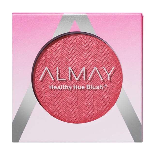 Almay Healthy Hue Powder Blush in a pink and silver box with a circular window showing coral powder blush with chevron texture, featuring high pigment technology and a lightweight, buildable formula for true colour payoff.