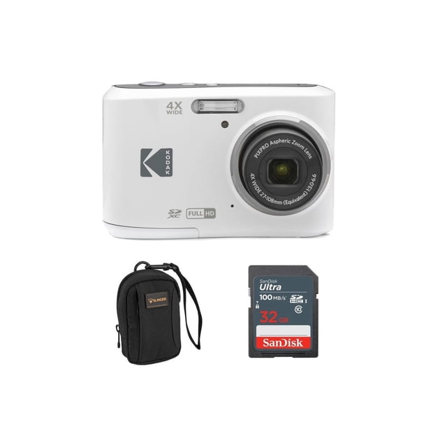 Kodak PIXPRO FZ45 Friendly Zoom 16MP Full HD Digital Camera (White) Bundled with 32GB Memory Card and Camera Bag centered compact white camera with 16MP CMOS sensor, 27mm wide-angle lens, 4x optical zoom, 2.7-inch LCD and 1080p Full HD video, includes SanDisk 32GB card and slinger bag; suitable for starter vlogging.
