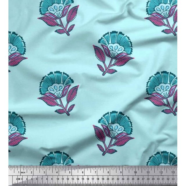 Soimoi Georgette Viscose Fabric Leaves & Floral Block Printed Fabric 1 Yard 42 Inch Wide