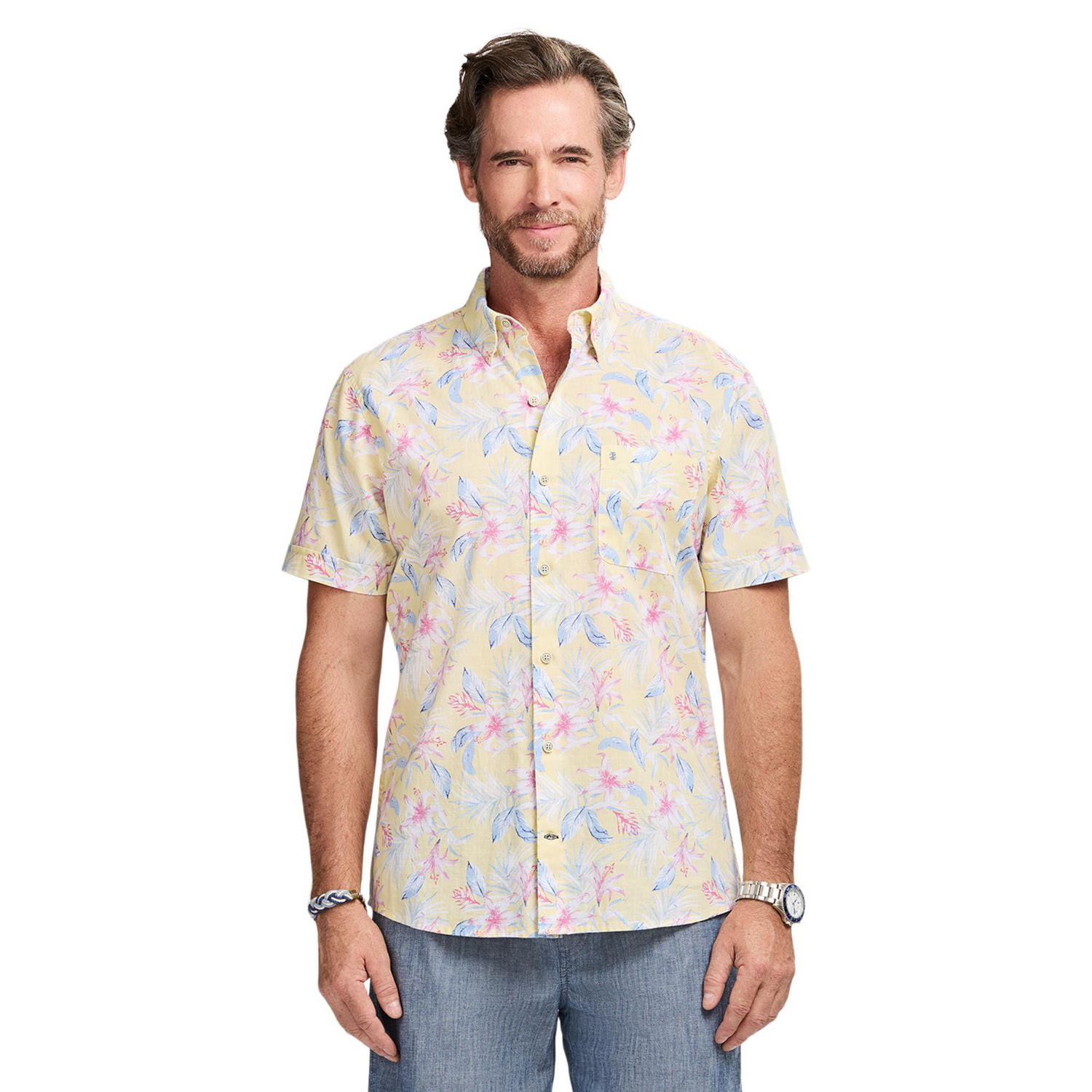 IZOD Chemise chambray Dockside à manches courtes et boutonnage frontal