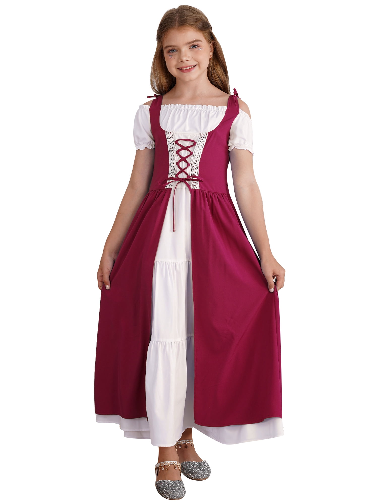 Mufeng Robe Vintage Renaissance Médiévale pour Filles Robe en Velours Robe de Fête Cosplay Renaissance Halloween Bourgogne 12