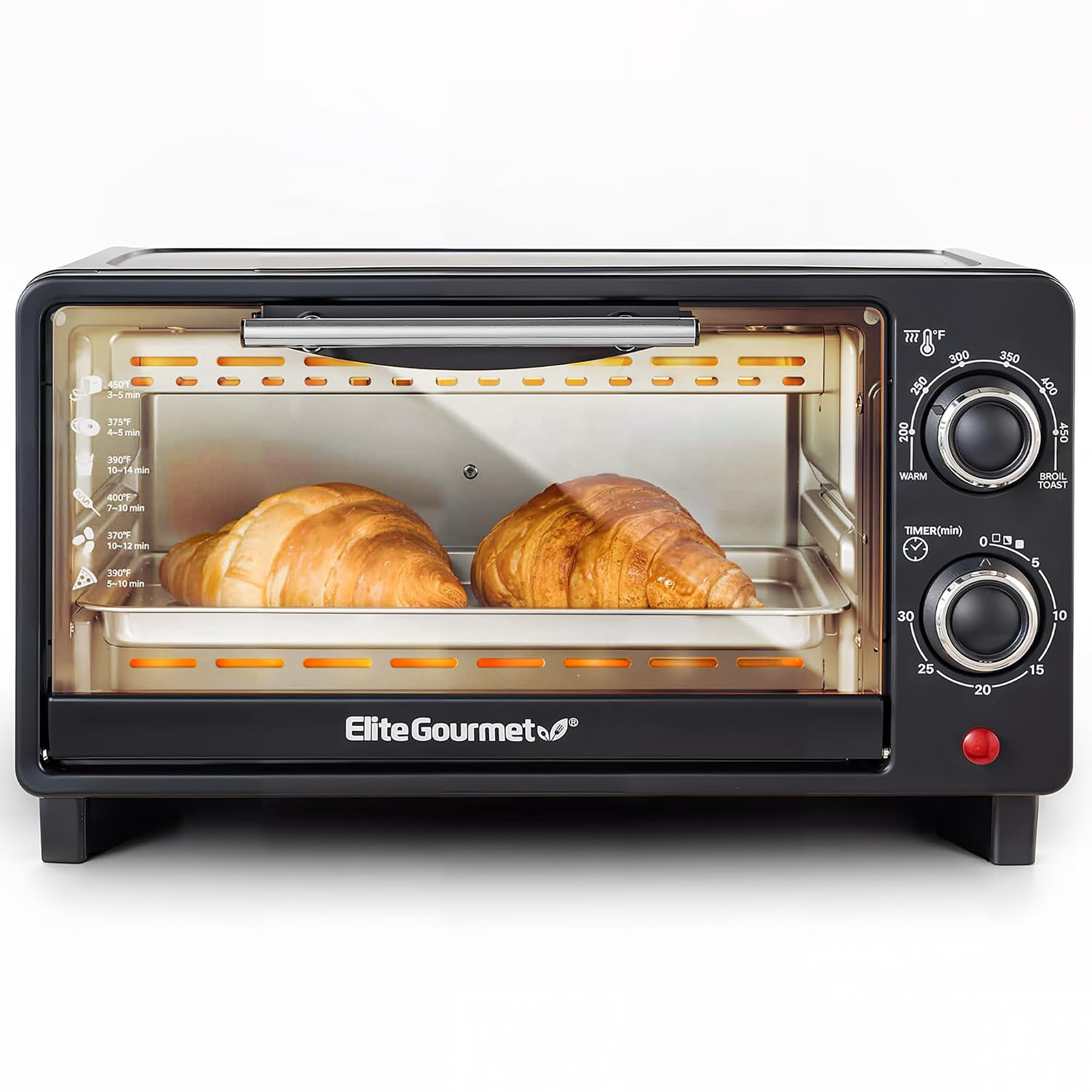Elite Gourmet ETO490 9L/4 Slice Countertop Toaster Oven with 30-Minute Timer, Adjustable Temperature Control, Includes Baking Pan and Wire Rack, Bake, Broil, Toast, Blac