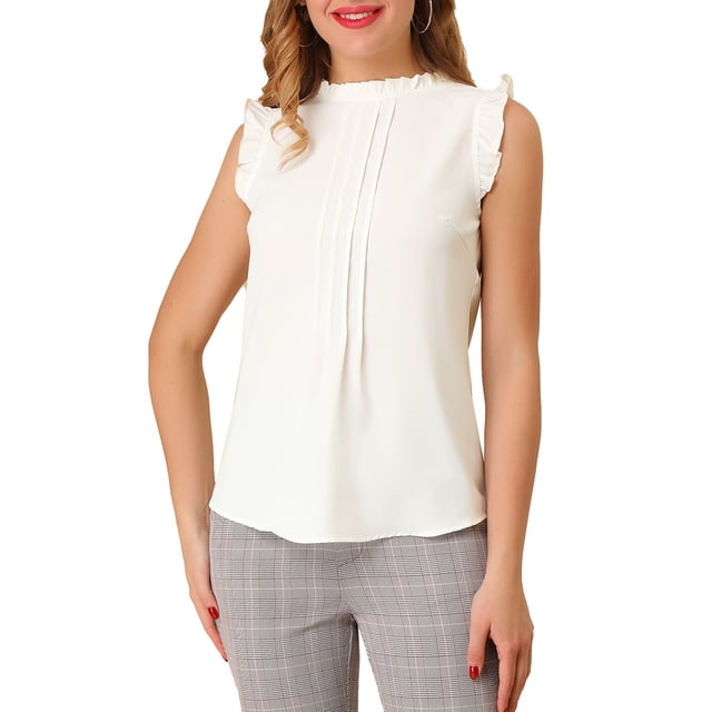 INSPIRE CHIC Women's Sleeveless Work Blouses Ruffled Pleated Chic Tops White M