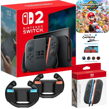 Nintendo Switch 2 Mario Kart World Edition with Extra Joy-Cons, Racing Wheel Set of 2, and MightySkins Console Skin Voucher