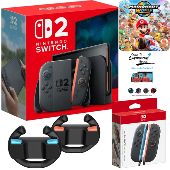 Nintendo Switch 2 Mario Kart World Edition with Extra Joy-Cons, Racing Wheel Set of 2, and MightySkins Console Skin Voucher