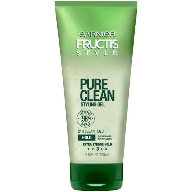Garnier Fructis Style Gel Coiffant Pure Clean, Bouteille de 200 ml Orientée vers l'Avant avec Étiquette Garnier Fructis; Spécifications du Produit Notées : Tenue Propre 24 Heures, Formule à 98 % d'Origine Naturelle avec Gomme d'Acacia pour une Tenue Extra Forte, Sans Écaillement et Sans Résidu, Sans silicones, Parabènes Ni Colorants; Souvent Utilisé pour Dompter les Voiles Ailées Ou Sculpter les Sourcils.