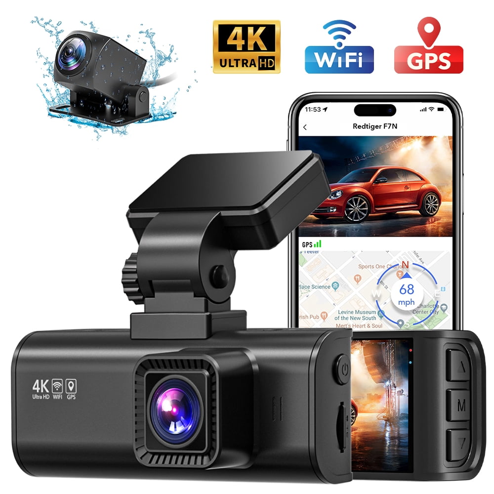 REDTIGER Dash Cam Front and Rear, 4K Dash Cam with 64GB Card Built-in WiFi & GPS, 4K/2.5K Front+1080P Rear Dash Camera with View Night Vision, LCD Screen Display, Loop Recording,Black