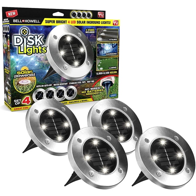 Bell+Howell Lampes à Disque Robustes pour l'Extérieur, Lampes Solaires de Sentier, Comprenant un Ensemble de 4 Lampes DEL Rondes à Énergie Solaire avec Sommets en Acier Inoxydable et Piquets Noirs. Ces Lampes Étanches Offrent 10 Heures d'Éclairage par Nuit, s'Arrêtent Automatiquement pendant la Journée. Présentées avec l'Emballage de Vente au Détail d'Origine, Mettant en Valeur des Caractéristiques comme la Résistance à la Rouille, Aucun Câblage Requis, et Convenant aux Escaliers, aux Jardins et aux Pelouses