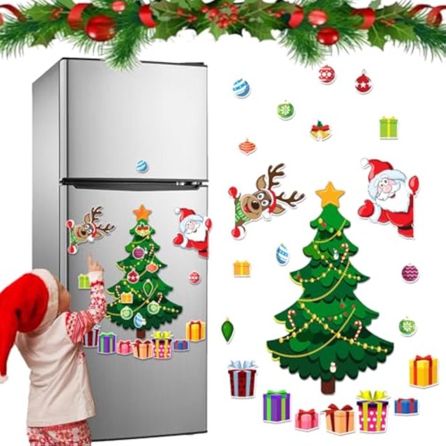 Christmas Themed Magnetic Sticker, 2025 New Magnetic Christmas Tree for Refrigerator Decorations, Christmas Magnets for Refrigerator Santa Reindeer Magnets for Fridge Metal Door Garage (#A)