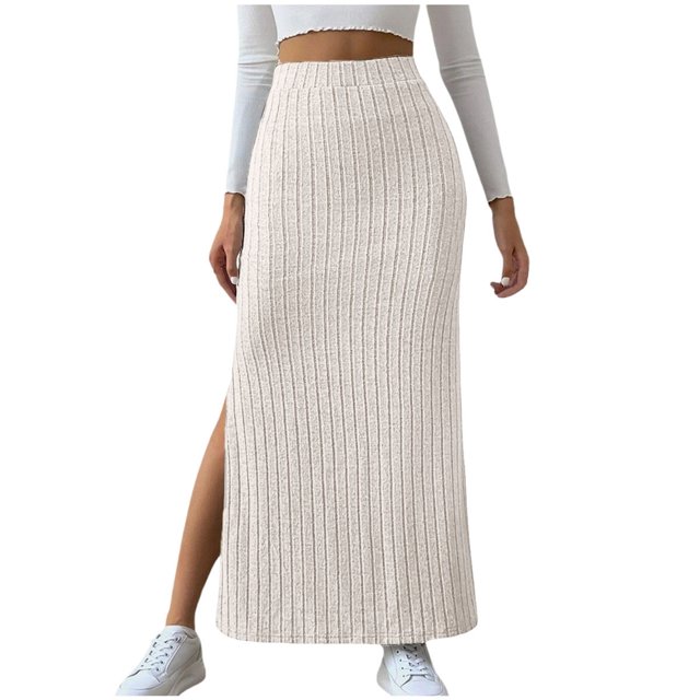 Jupe Crayon Midi Fendue en Tricot Côtelé Extensible Taille Haute pour Femmes