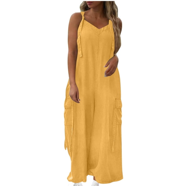 Wlynlyn Plus Size Jumpsuits for Women Sleeveless Rompers V Neck Baggy Wide Leg Trousers Overalls Size XL