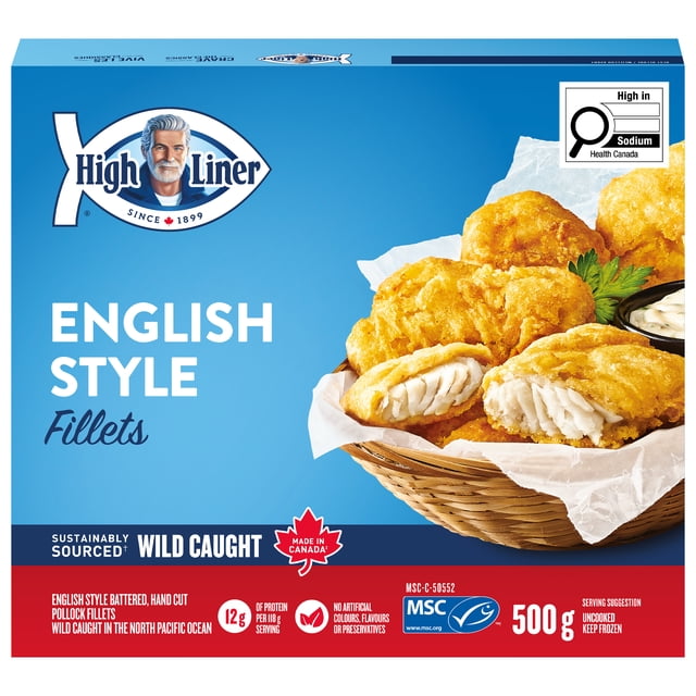 High Liner English Style Battered Fillets in a woven basket lined with white paper, showing golden crispy battered wild-caught fish fillets with flaky white interior, emphasizing sustainably sourced seafood on a blue background with product branding and nutritional information.