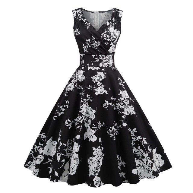 Robes de Cocktail de Fête Imprimées Vintage Sans Manches à Col en V pour Femmes, Robes Extensibles