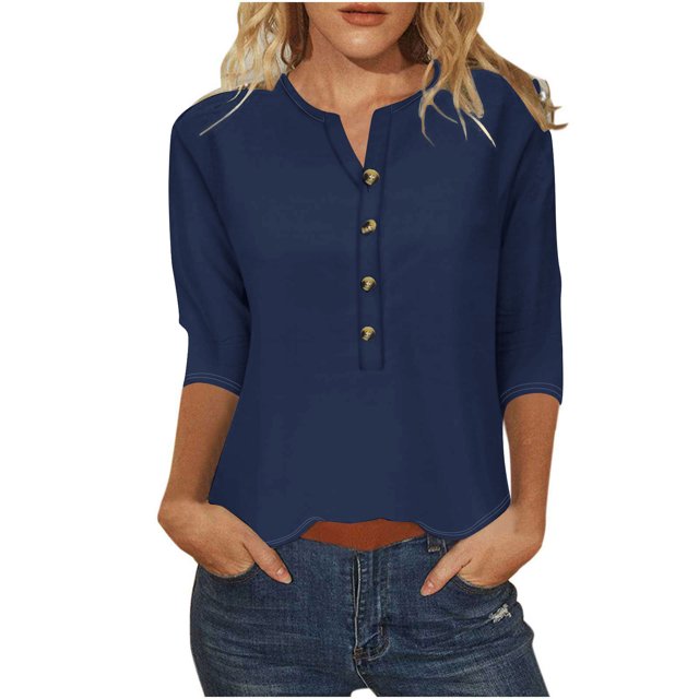 FAIWAD Womens 3/4 Sleeve Tops Casual Loose V Neck Button Down Tunic Tops Spring Summer Basic Blouse