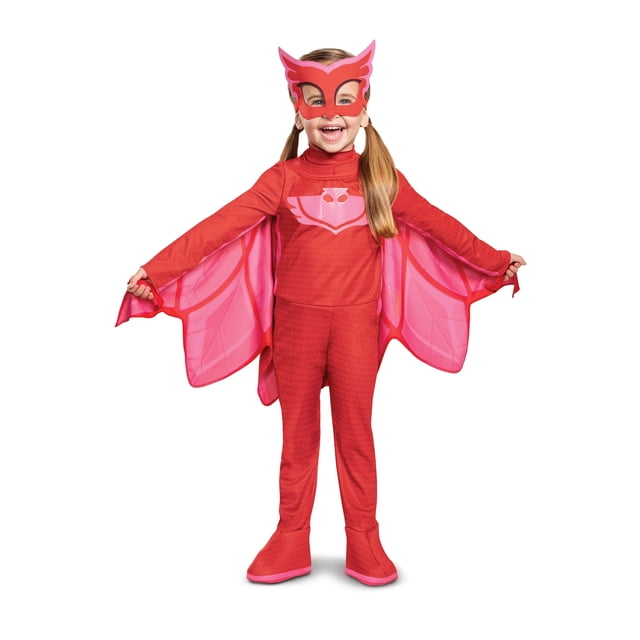 Toddler PJ Masks Owlette Deluxe Light Up Costume featuring a red jumpsuit with a faux-patent-leather chest emblem that lights up using LED technology. The costume includes a cape with hook-and-loop fasteners, palm loops at the wing tips, foam shoe covers, and a foam mask with an elastic band. Made from 100% polyester fabric and fiberfill with polyurethane foam accents. Requires 3 LR1131C button batteries (demo batteries included) and a Phillips screwdriver for battery compartment access. Officially licensed and ideal for Halloween or themed events.