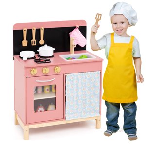 Gymax Jouer cuisine pour les enfants avec le rideau de porte Poêle & Accessoires de cuisine