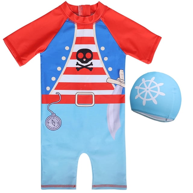 MIASHUI Boys One Piece Swimsuits Dinosaur Rash Guard Swimwear with Swimming Cap,Watermelon Red,1-2 Years