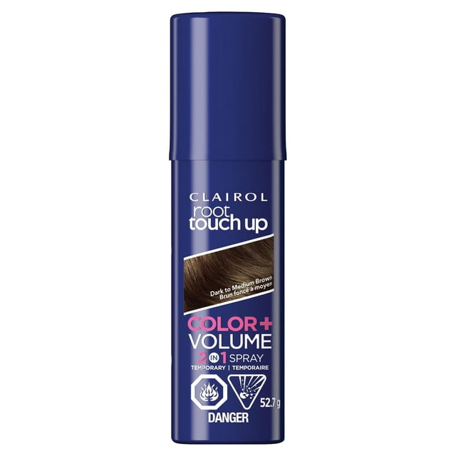 Clairol Root Touch-Up Temporary Spray 2in1 in dark to medium brown, a blue spray can with white and pink text, offering instant gray root coverage and volume boost with ColorFill Technology, weighing 52.7 grams, ideal for quick hair touch-ups.