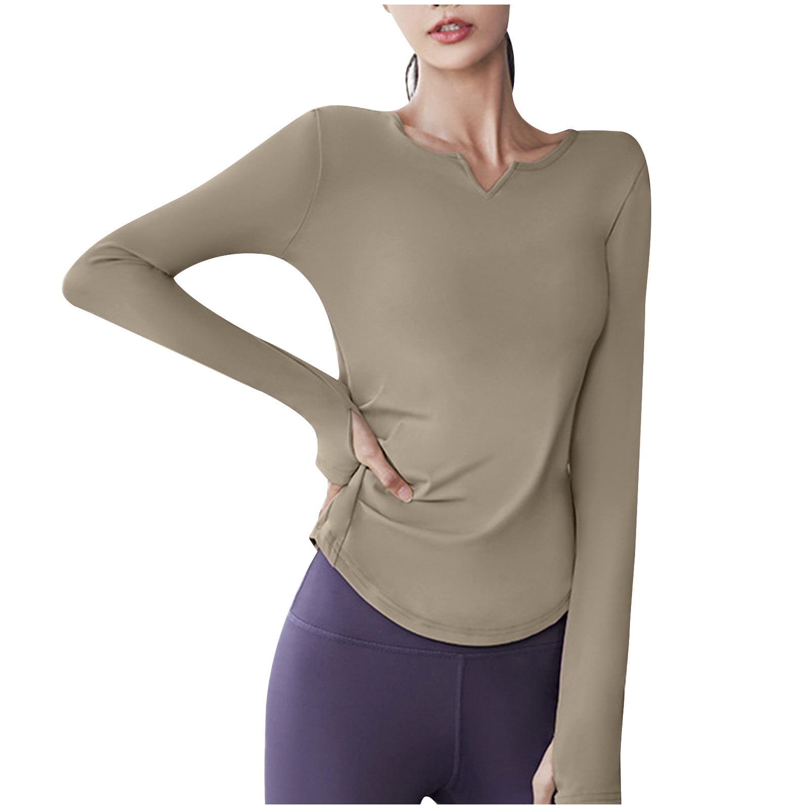 Timegard Yoga Tops for Women Long Sleeve V-Neck Ruched Tee Trackshirts Athletic Workout Running Tops