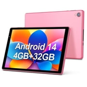FITIFUN Android 14 Tablet 10 inch Tablets, 4(2+2)GB RAM 32GB ROM 1TB Expand, Quad-core, WiFi, HD Display,Dual Camera,Pink