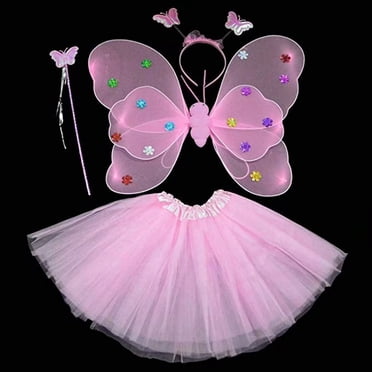 Girls Fairy Wings Butterfly Costume Set with Wings, Tutu, Wand & Headband, Pink