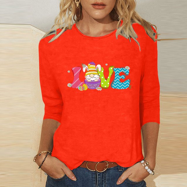 Xihbxyly Hauts Décontractés pour Femmes T-shirt à Col Rond Imprimé de Pâques à Manches 3/4 T-shirt à Col Rond Chandail à Enfiler Tendance à Petit Budget