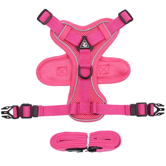 TIMIFIS Dog Harness Pet Chest Strap Vest Type Dog Traction Rope Reflective Breathable Dog Rope in a vibrant pink color. The harness features adjustable straps, quick-release buckles, and a durable D-ring for leash attachment. Made of breathable polyester with soft cushioning for comfort, it includes a matching pink traction rope. Designed for small dogs, it is escape-resistant and suitable for outdoor activities in spring, autumn, or winter.