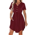 thumbnail image 2 of LOVZFMLL Robe d'Été Décontractée pour Femme à Manches Courtes, Col en V, Boutonnée, Robe de Plage pour Vacances et Voyages avec Poches, Bourgogne G, 2 of 8