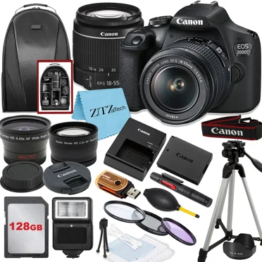 Canon EOS 2000D / Rebel T7 Appareil Photo Reflex Numérique Ensemble avec Objectif 18-55mm, Mémoire 128 Go, Trépied, Sac à Dos et Ensemble ZeeTech
