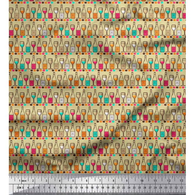 Soimoi Polyester Crepe Fabric Bottle & Wine Glass Bar Printed Fabric 1 Yard 52 Inch Wide