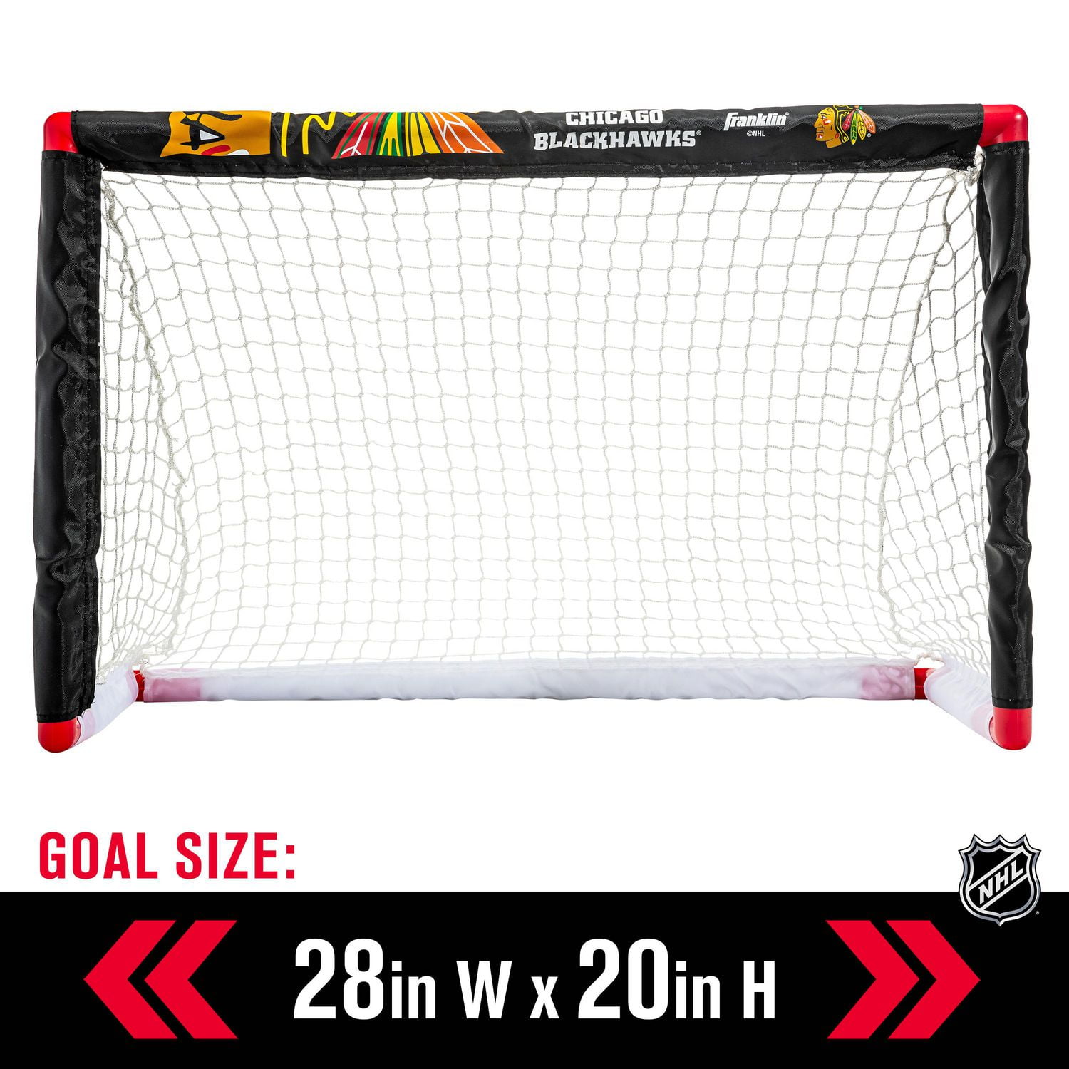 Franklin Sports Ensemble de mini hockey Blackhawks de la NHL – But de hockey intérieur pour enfants, ballon, 2 mini bâtons de hockey
