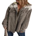 thumbnail image 1 of Womens Corduroy Shacket Jacket Long Sleeve Button Down Color Block Hooded Coat with Pockets, 1 of 7