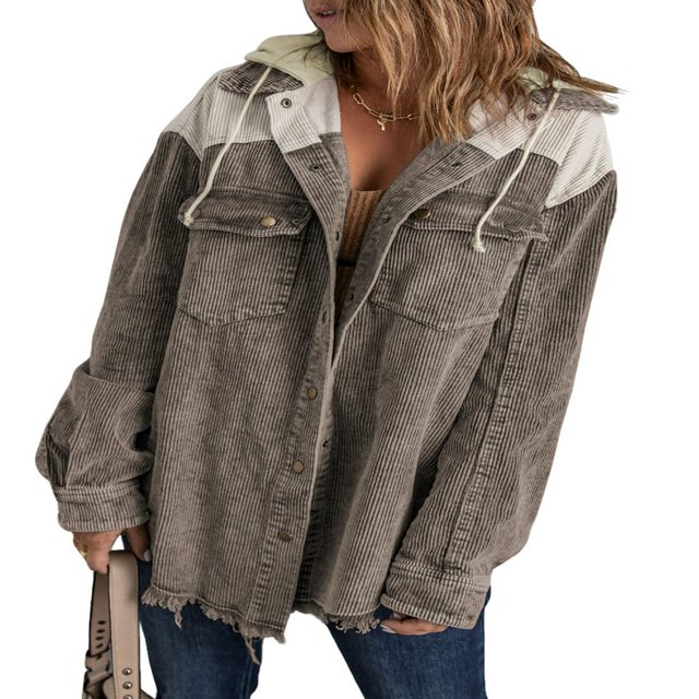 Womens Corduroy Shacket Jacket Long Sleeve Button Down Color Block Hooded Coat with Pockets