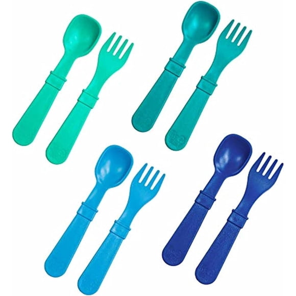 Re-Play Made in USA Toddler Forks and Spoons, Without Carrying Case - 0.2" Thick Toddler Utensils, True Blue - 8 Count (4 Forks, 4 Spoons)