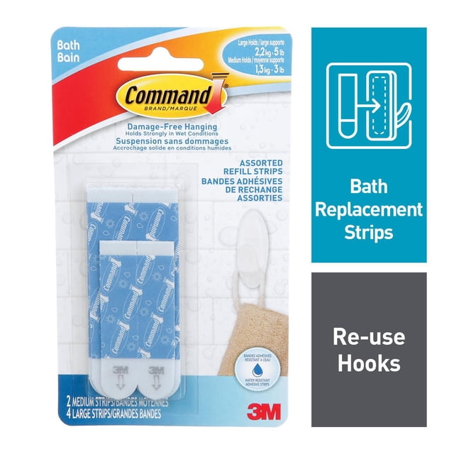 Command® Bath Refill Strips BATH22-EF, assorted blue water-resistant adhesive strips including 2 medium and 4 large strips, designed for damage-free hanging in wet bathroom environments on surfaces like glass, tile, and painted walls, holds strongly and removes cleanly without residue, suitable for replacing strips on shower caddies and bath hooks.