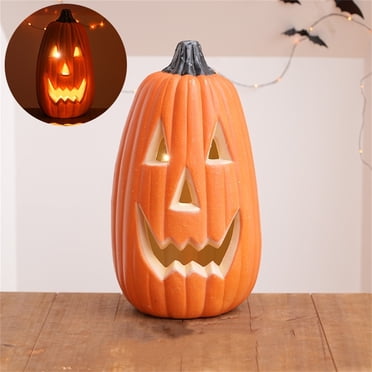 Riforla Lumières de Citrouille d'Halloween Citrouille Jack-O-Citrouille Lumineuse Citrouille Décorations Vintage Statue de Citrouille Table pour Maison Ornement de Bureau Orange 34x20cm