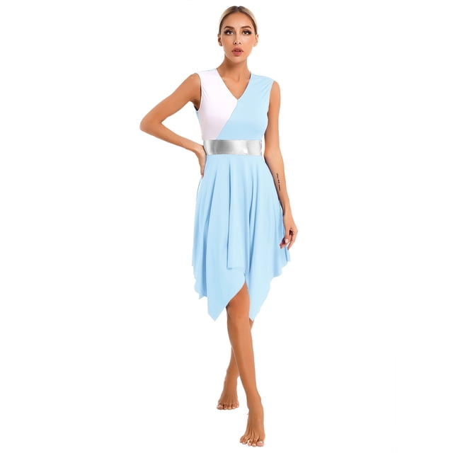 Aislor Women Liturgical Praise Dance Dress Color Block Worship Loose Fit Church Robe Praisewear Light Blue L