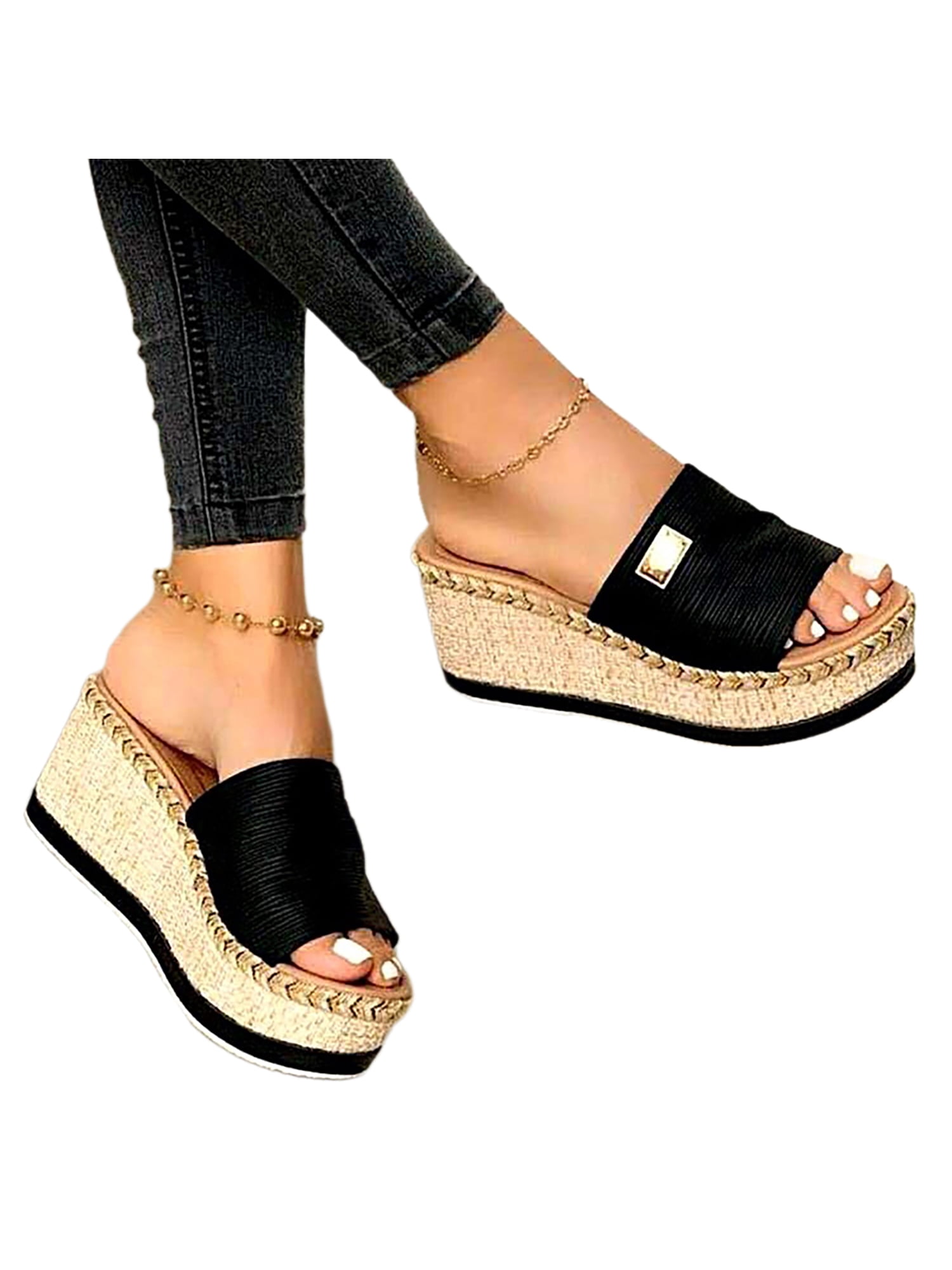 UKAP Ladies Wedge Sandals Platform Slides Backless Slippers Summer Slide Sandal Casual Black 6