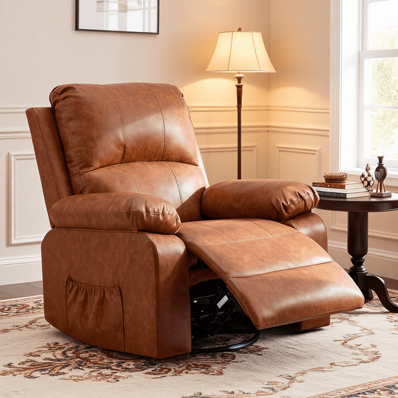 YODOLLA 360° Swivel Rocker Recliner with 8-Point Massage & Heat, PU Leather Lounge Chair with Remote Control & Cup Holder, 350LB Capacity, Brown