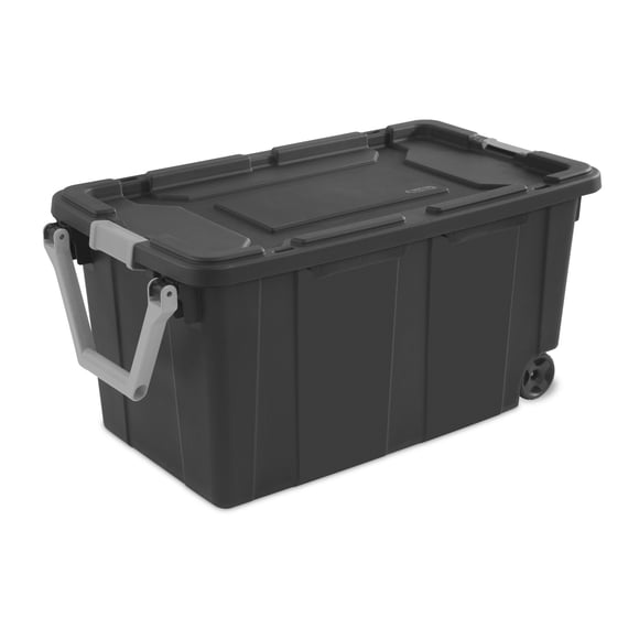 Sterilite 151 Liter Wheeled Industrial Tote, Extra Large Rugged Plastic Storage Bin with Latch Lid and Pull Handle, Gray