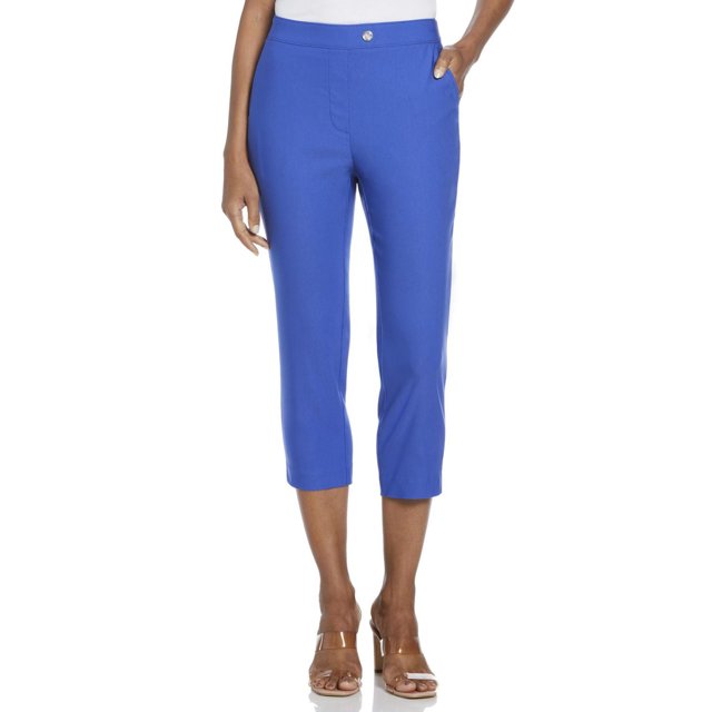 Rafaella women's blue extended tab capri pants featuring front pockets, styled with brown open-toe sandals.
