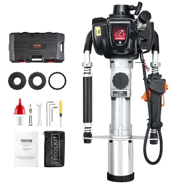 VEVOR 37.77cc gas-powered T post driver with a 4-stroke engine, designed for automotive replacement and specialty parts applications. Includes three piling sleeves (45mm, 55mm, 88mm), a funnel, filter screen, tool set, measuring cup, spark plug, and instruction manual. Features durable aluminum and steel construction, anti-slip handles, shock-absorbing springs, and a compact plastic case for portability.