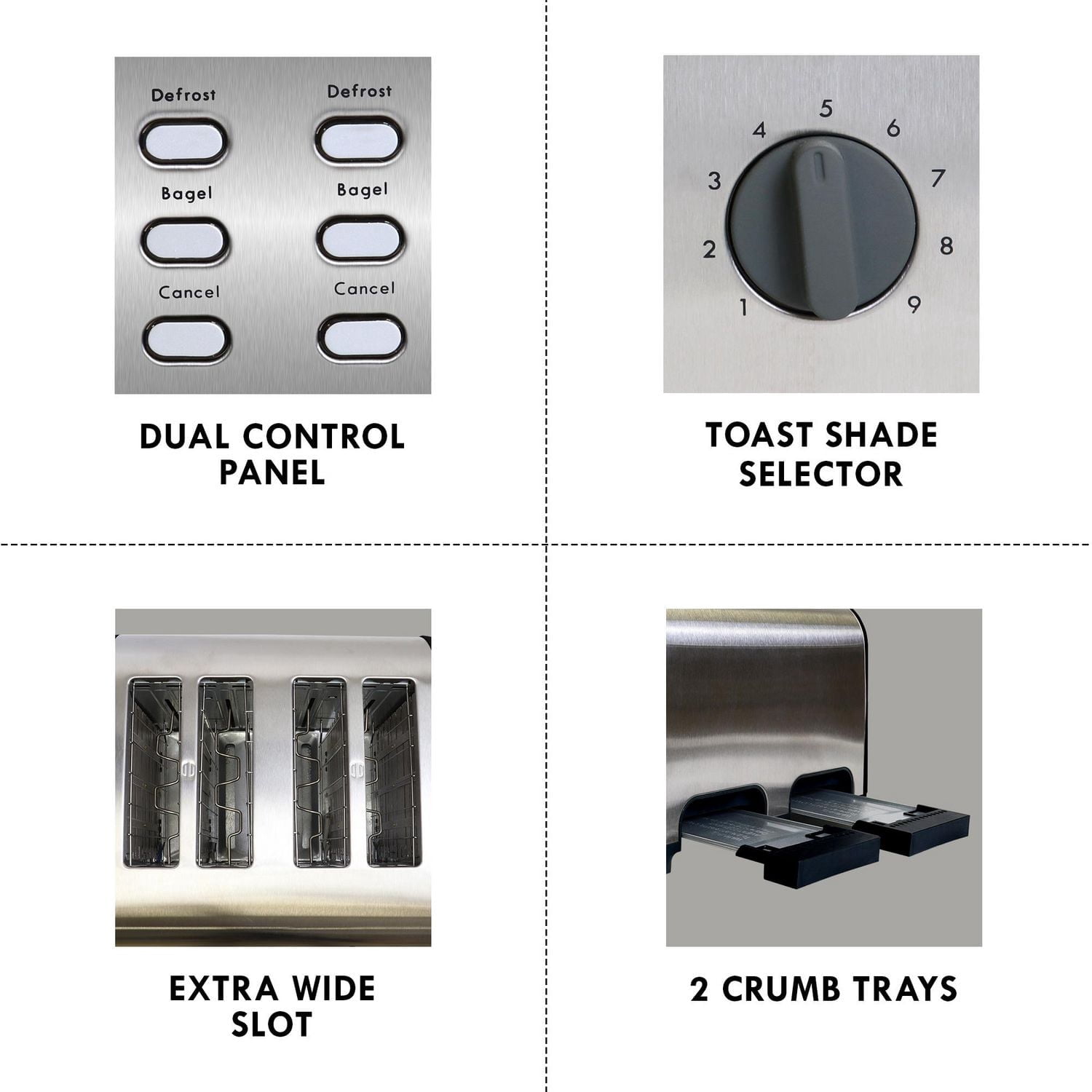 Kenmore Grille-pain 4 tranches en acier inoxydable, commandes doubles, fentes extra larges, 9 niveaux de brunissage pour griller et bagels