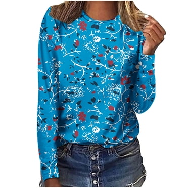 Pompotops Femmes Dames Col Rond Hauts Amples Décontractés T-Shirts Imprimés Blouse à Manches Longues en Solde