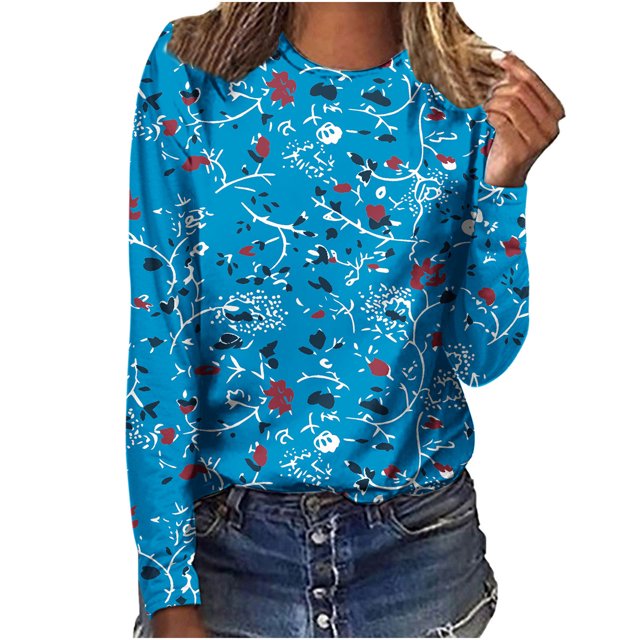 Pompotops Femmes Dames Col Rond Hauts Amples Décontractés T-Shirts Imprimés Blouse à Manches Longues en Solde